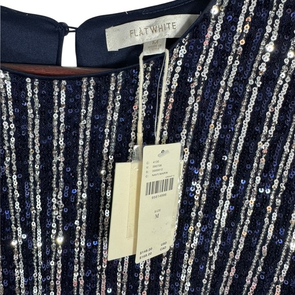 Anthropologie Flat White Short-Sleeve Sequin Stripe Shift Midi Dress Medium - Picture 12 of 14